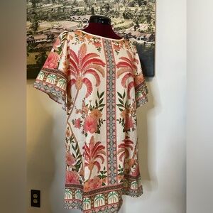 Floral Print Mini 
Dress with Red and Green Accents